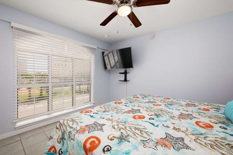 2nd floor King size bedroom with a street view and flat screen TV.