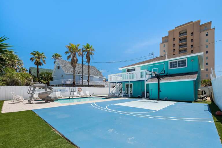 Multiple purpose basketball court with adjustable basketball hoop. Court can be set up for group team activities, birthday party, pool side party and much more!