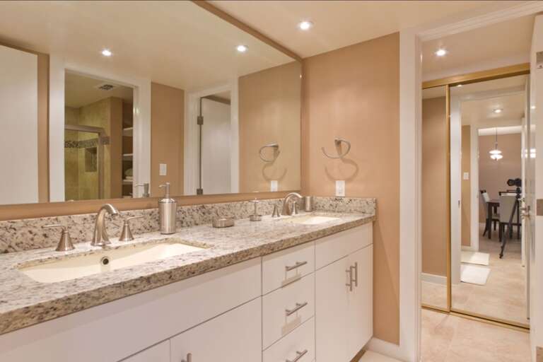 Master bathroom with his and hers sink.