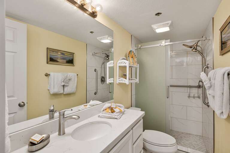 Shared guest bathroom with a stand in shower.