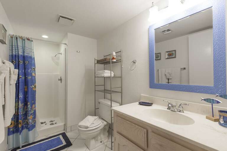 Bathroom with walk in shower.