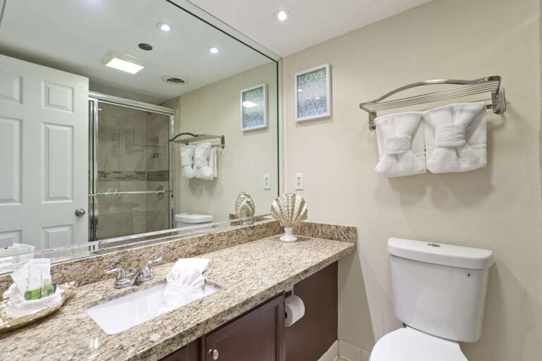 Guest bathroom with shower and tub combination.
