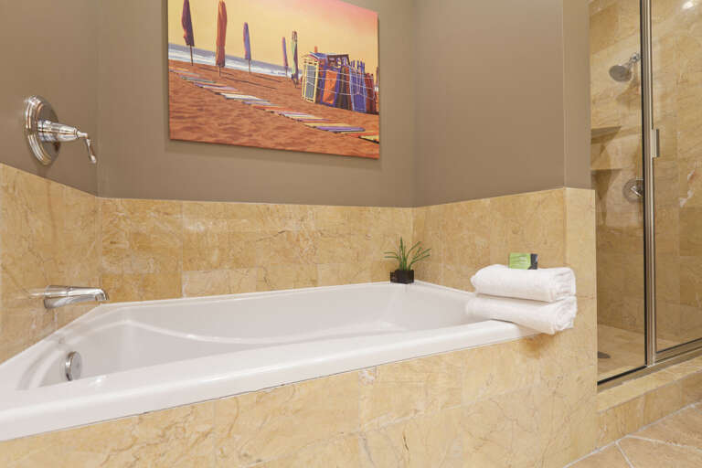Ample bathroom with walk in shower and tub. Ample bathroom with walk in shower and tub.