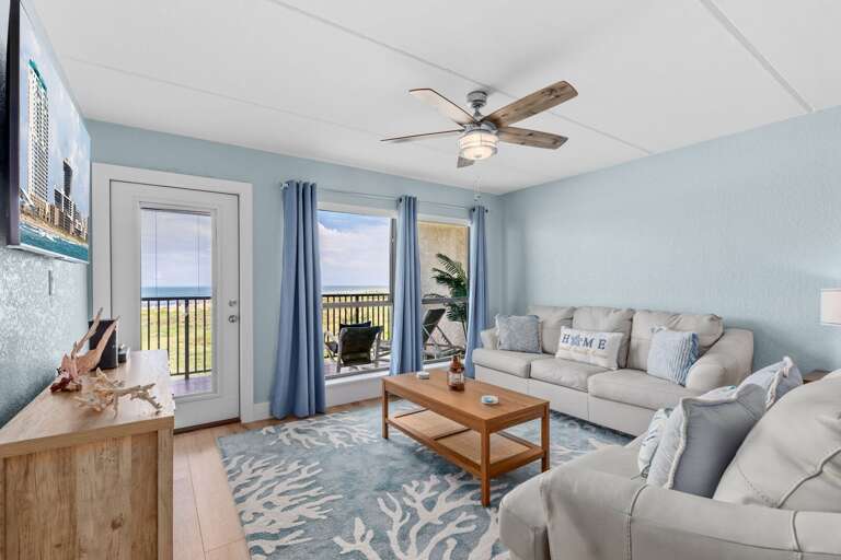 Living area with a beautiful view towards the beach