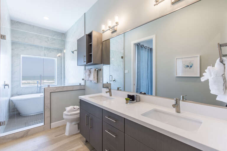 Master en-suite bathroom with walk-in shower and soaking tub