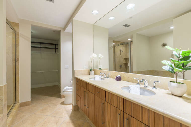 Master bathroom with double sink vanity and large vanity mirror.