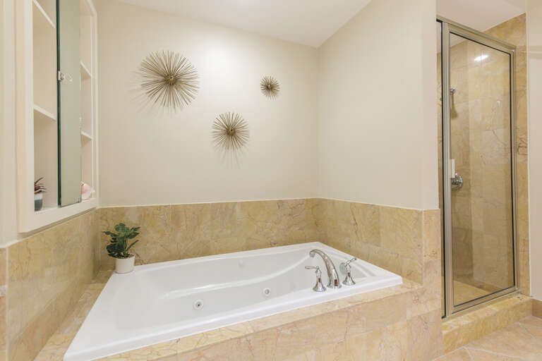 Master bathroom features a large soaking bathtub and a walk-in shower!