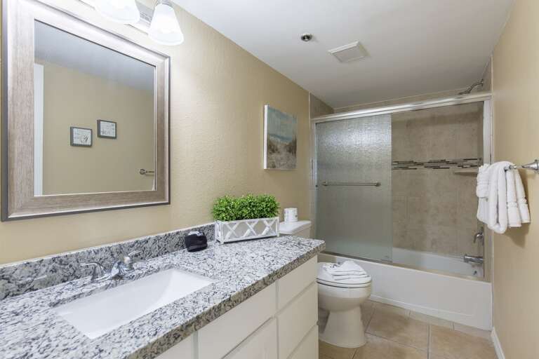 Guest bathroom with combination shower/bathtub. Guest bathroom with combination shower/bathtub.