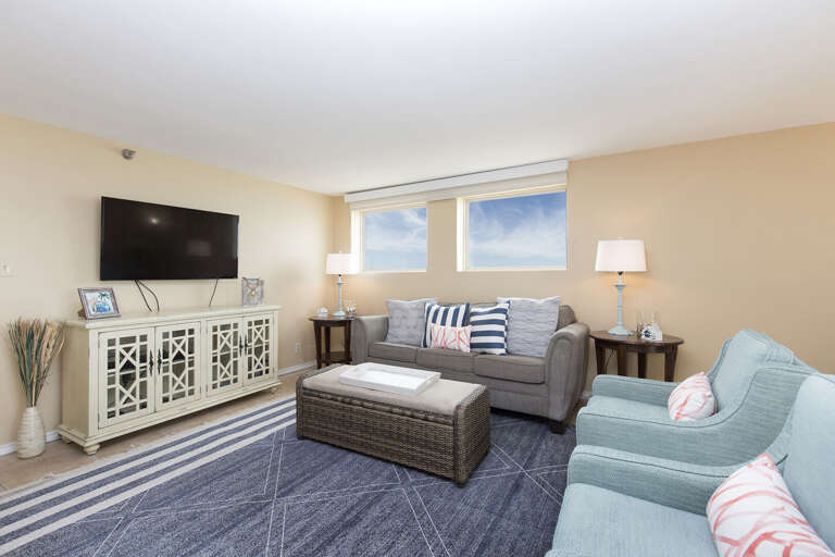 Living room with sofa sleeper & flat screen TV. Living room with sofa sleeper & flat screen TV.