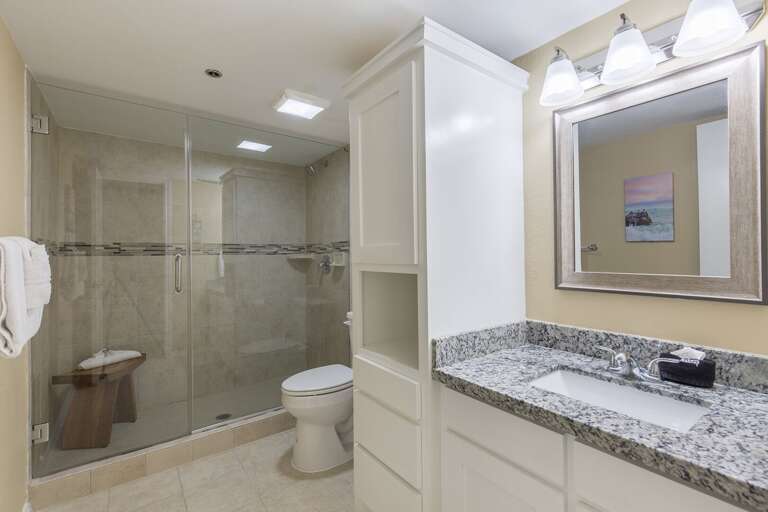 Master bathroom with walk-in shower. Master bathroom with walk-in shower.