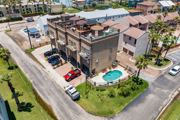 Aerial view of the property and pool area