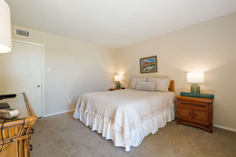 Guest bedroom features a queen bed  and flat screen TV.