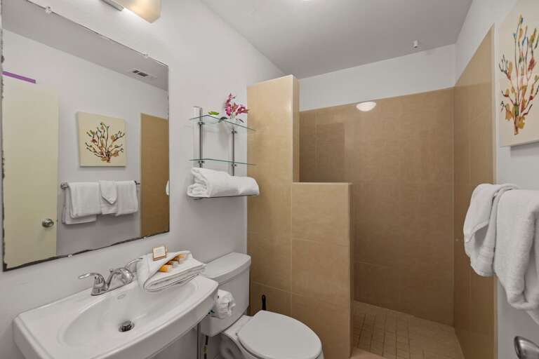 Villa #1
Bathroom with walk in tile shower.