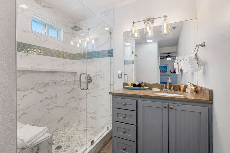 Bathroom with bright vanity.