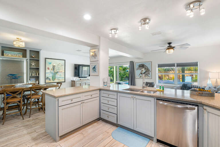 Kitchen overlooking the living room and dining room.