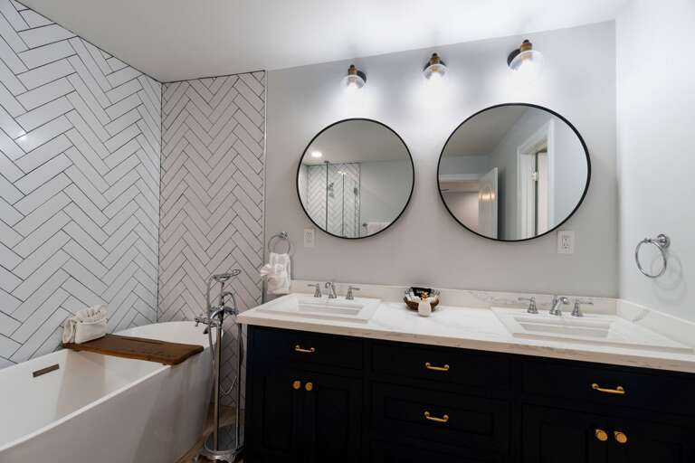 Master bathroom is equipped with beautiful double vanity, walk-in shower & deep soaking tub!