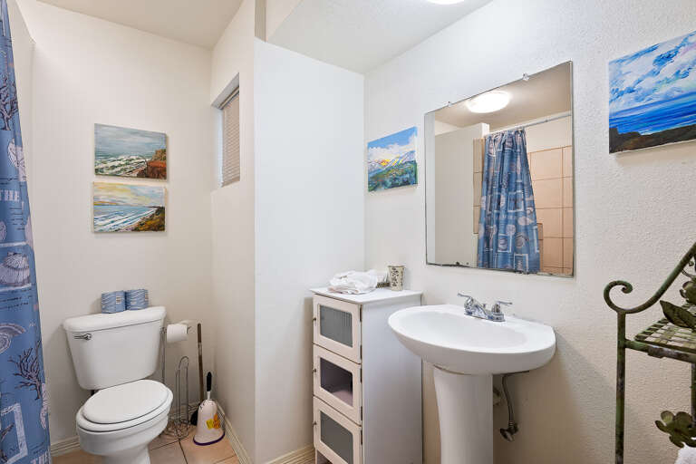 Shared full bathroom with walk-in shower.