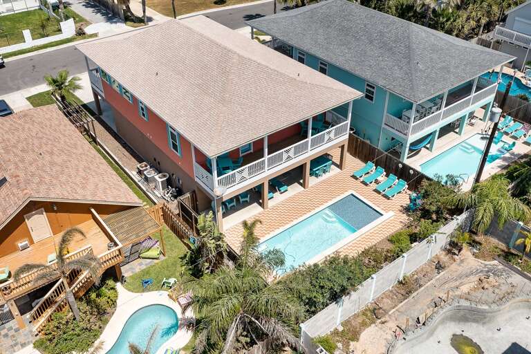 Aerial view of the property & private pool.