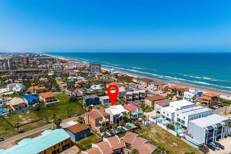 Aerial of Padre Parade House and the Gulf of Mexico!