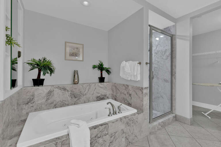 Master bathroom includes a walk-in shower and oversoaking tub