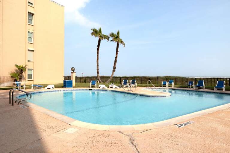 Refreshing beachfront pool surrounded by palm trees and lounge seating for the perfect island vibe.