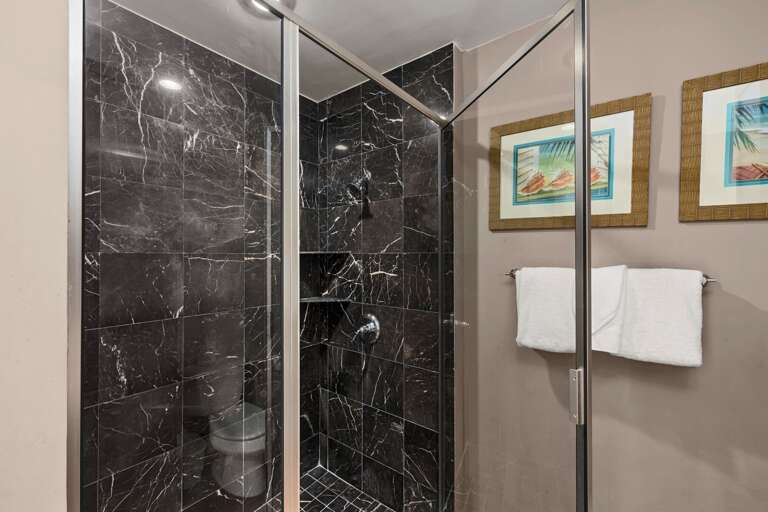 Enjoy the modern walk-in shower, featuring beautiful marble finishes and a spa-like atmosphere
