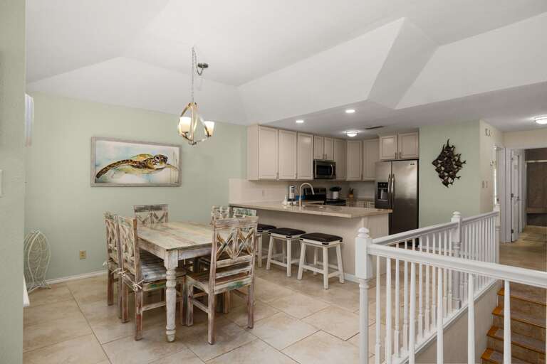 Open concept layout of the dining area and kitchen