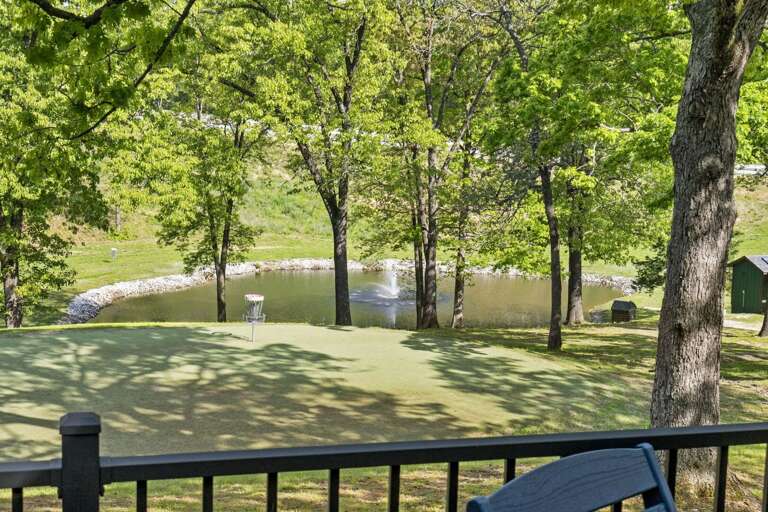 Patio Perspective Of Pond Fringed By Flourishing Foliage