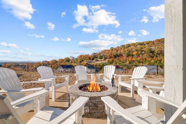 Chairs Circling Fire Pit, Fall Foliage Backdrop