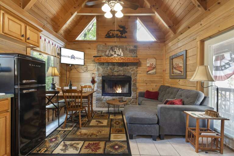 Cabin Interior With Kitchen, Living Area, And Fireplace