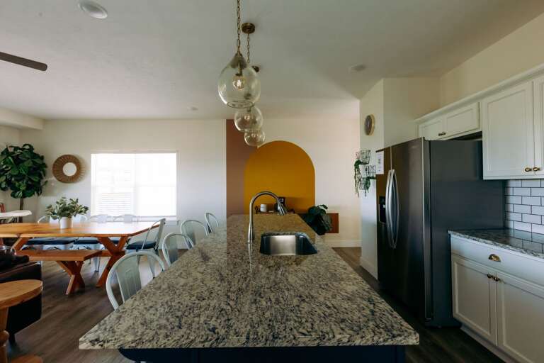 Interior View, Kitchen Counter Leading To Dining Space, Subtle Shades, Sleek Surfaces
