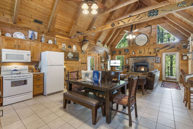 Rustic Cabin Interior With Kitchen And Living Area