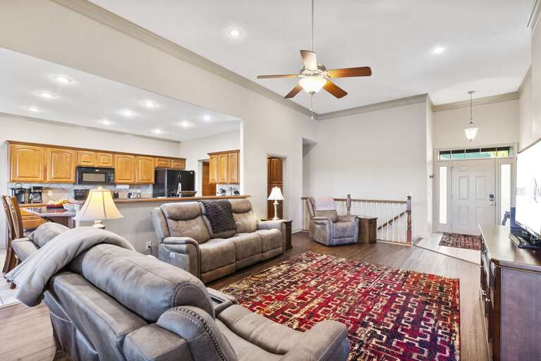 Residential Interior With Open Plan Living Area, Kitchen And Furniture Residential Interior With Open Plan Living Area, Kitchen And Furniture