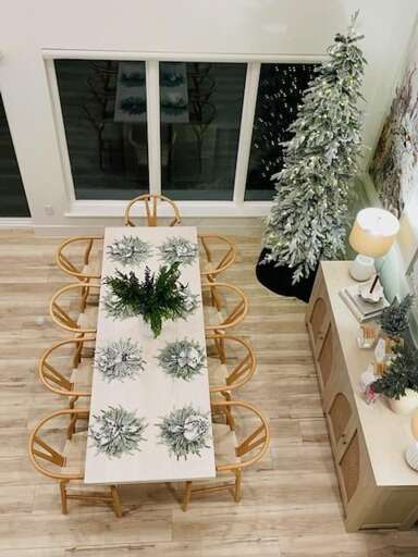 Dining Delight, Festive Feel, Snow-dusted Tree, Soft Lighting