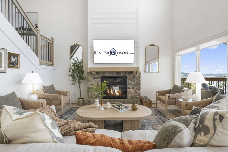 Living Room Interior With Fireplace And Ocean View