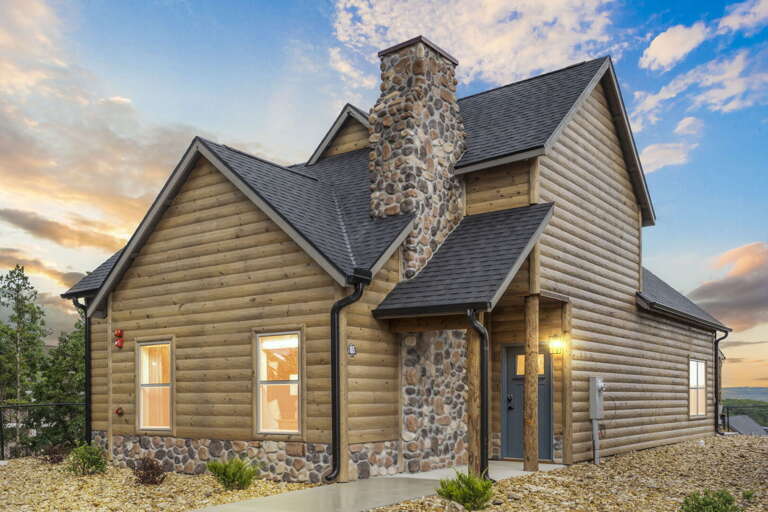 Rustic Style Vacation Rental Exterior At Dusk Rustic Style Vacation Rental Exterior At Dusk