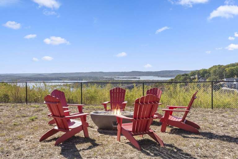 Red Chairs Ringing Round Firepit, Lake Landscape Lingering Red Chairs Ringing Round Firepit, Lake Landscape Lingering