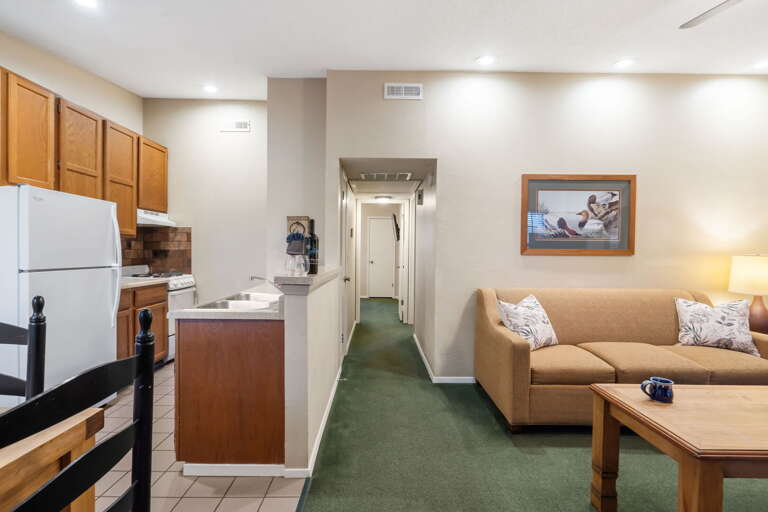 Living Space With Tan Sofa, Gallery-kitchen, Green Carpet, Neutral Hues