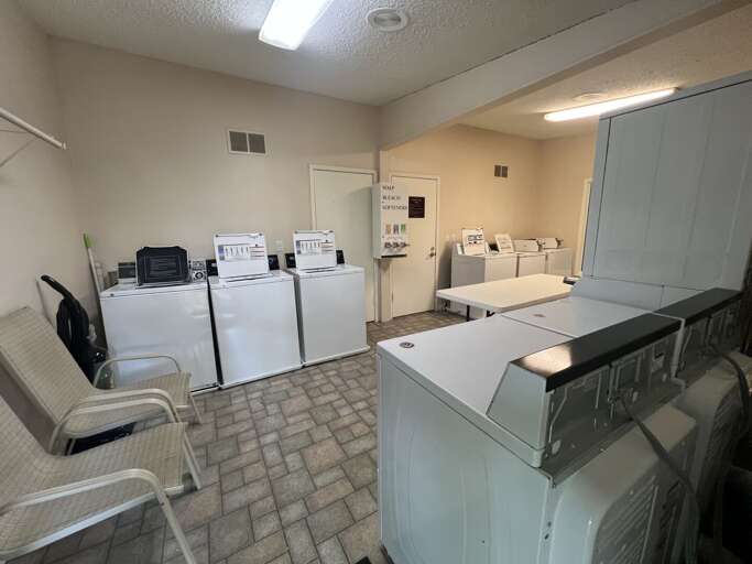 Laundry Room Lined With Machines, Muted Tones Meeting Practical Purposes