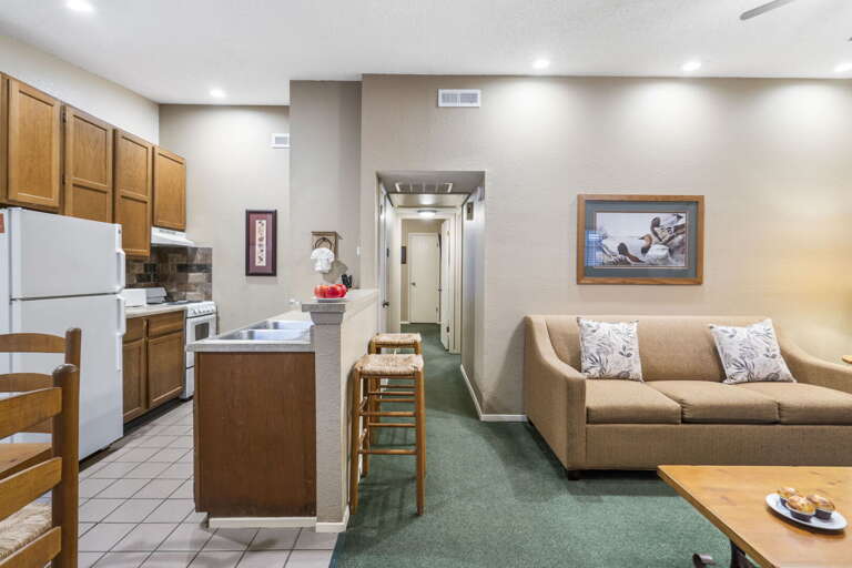 Compact Kitchen, Cushioned Couch, Corridor View