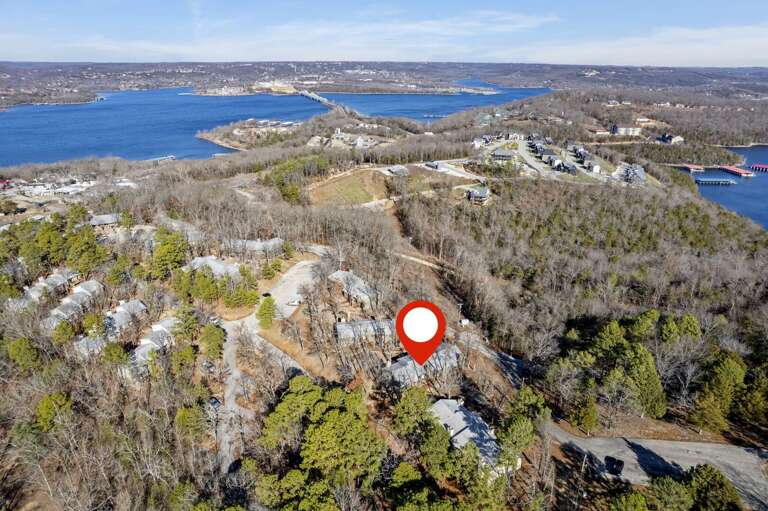 Aerial View Of A Lakeside Landscape Marked With A Red Pin