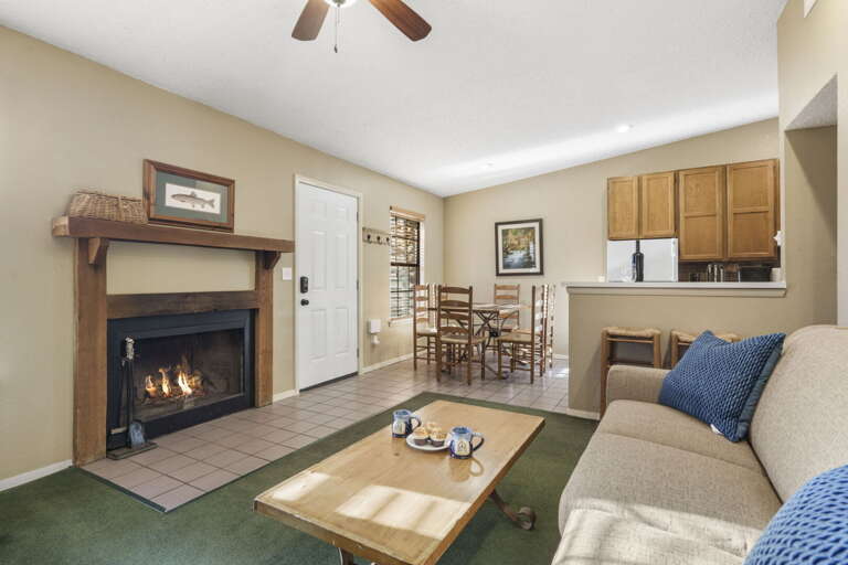 Vacation Rental Room Featuring A Fiery Fireplace And Pale Walls