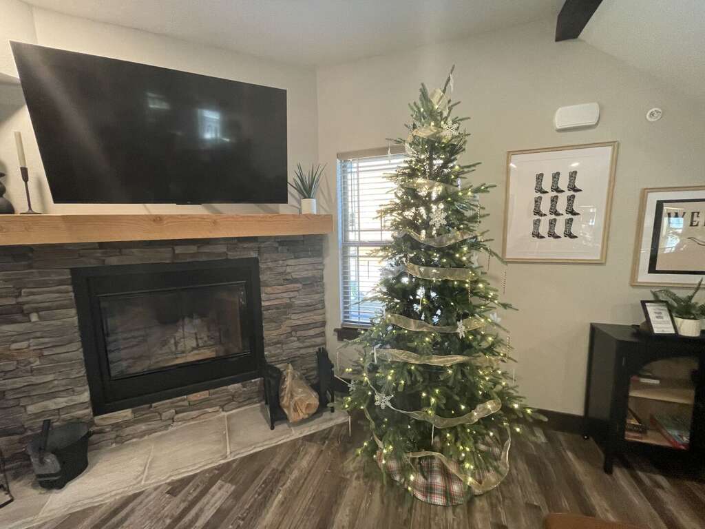 Living Space With Festive Tree And Fireplace Featuring Stone Facade