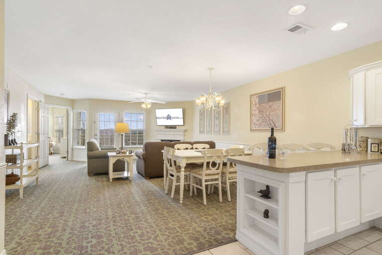 Brightly-lit Living Space With Kitchen Counter, Dining Area, And Lounging Section