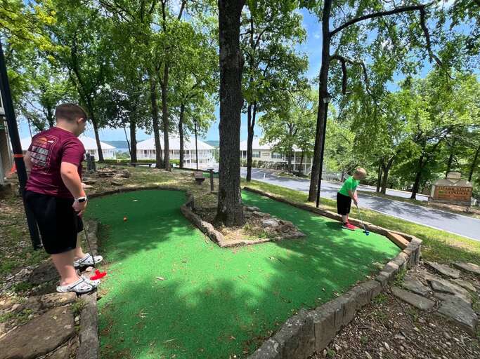 Men Playing Mini Golf Under Tall Trees By Tranquil Lake