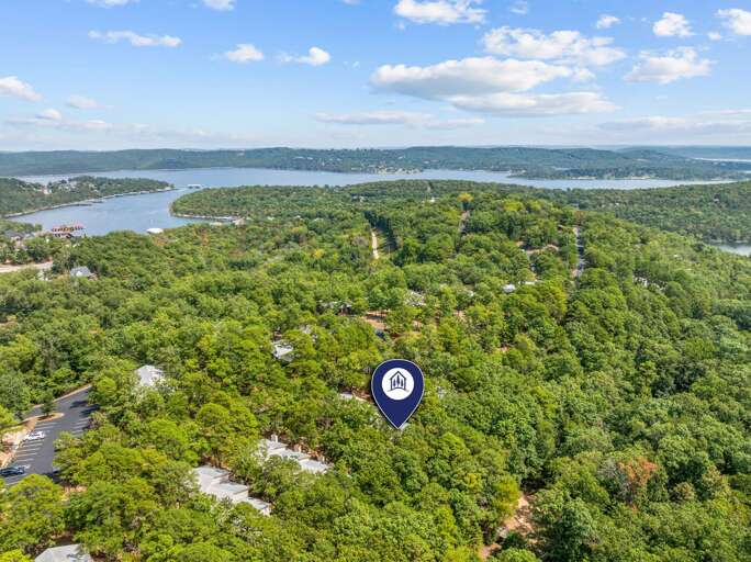 Aerial View Of Lush, Leafy Landscape With Lake, Marked By Navigation Pin