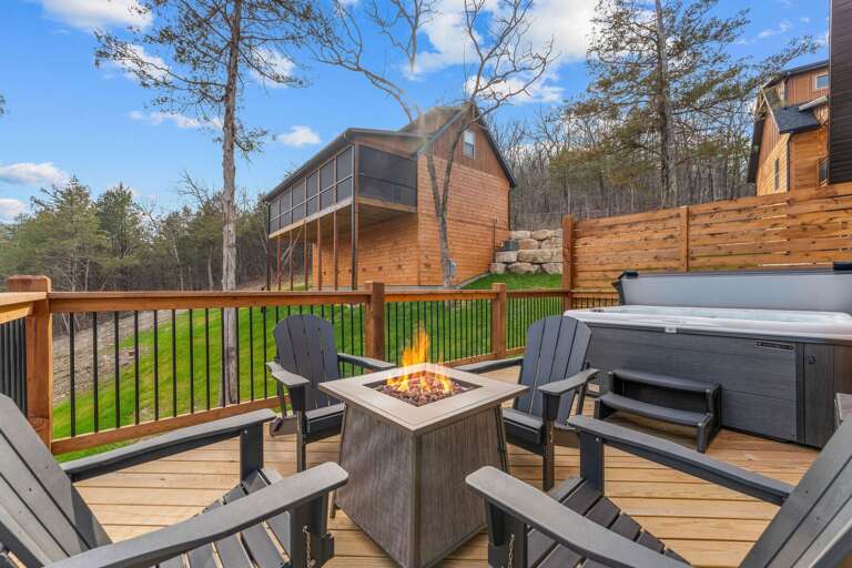 Deck With Fire Pit, Chairs, Hot Tub, Surrounded By Trees