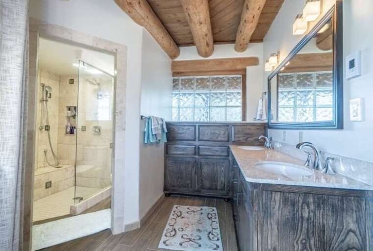 Upstairs bathroom shower and vanity