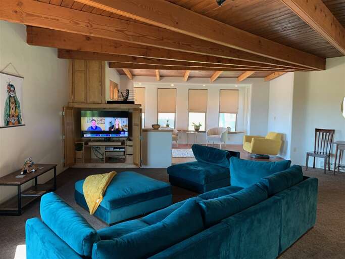 Comfortable sofa and smart TV in spacious living area