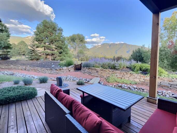 Comfortable patio with a mountain view
